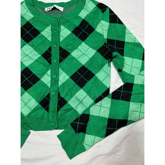 ZARA Green Argyle Cardigan Sweater Button Front Cropped Preppy Y2K Women’s Small - Picture 2 of 7